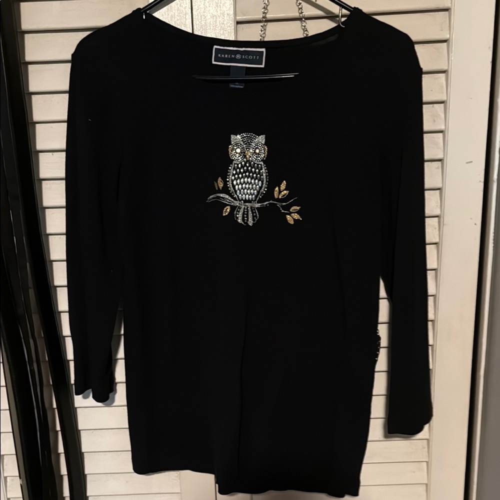 Karen Scott Black Embellished 3/4 Sleeve T-Shirt